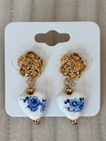 Blue Floral Heart Drop Earrings