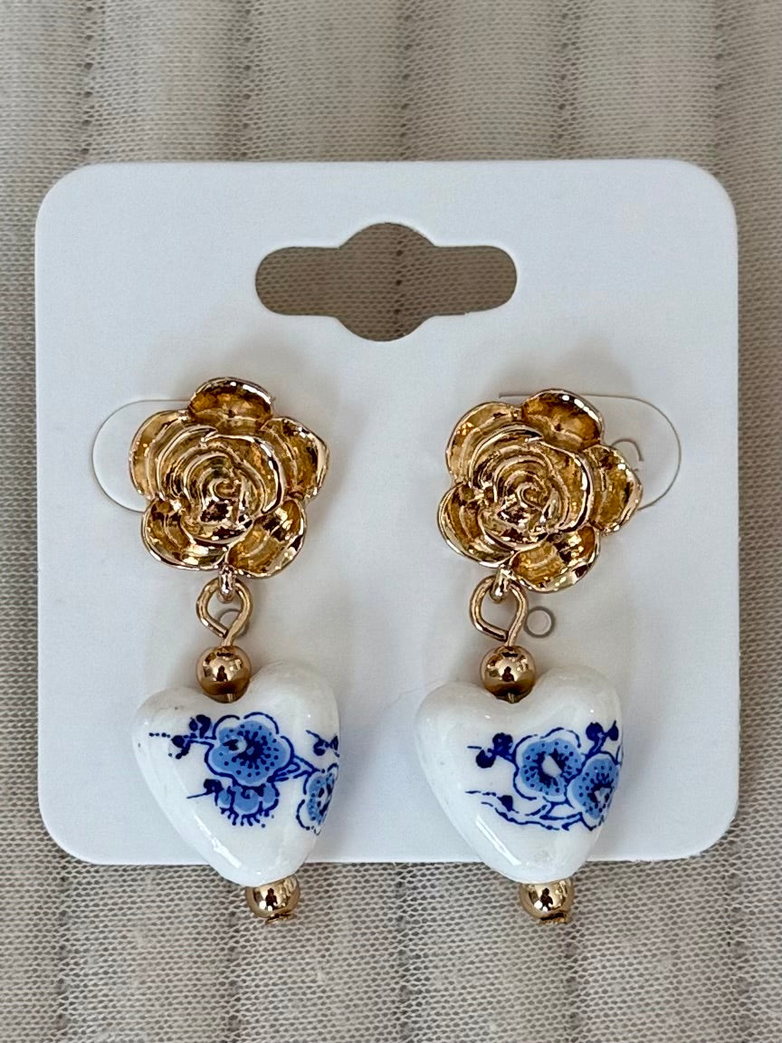 Blue Floral Heart Drop Earrings