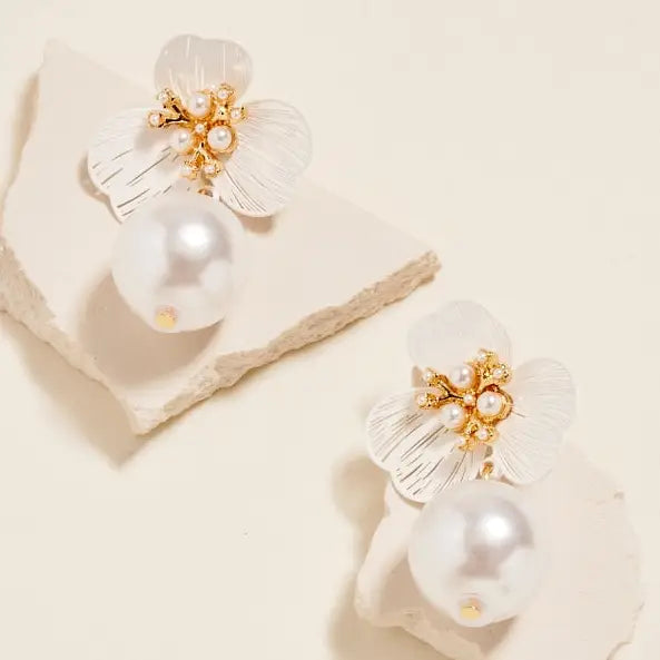 White Flower & Pearl Drop Earrings