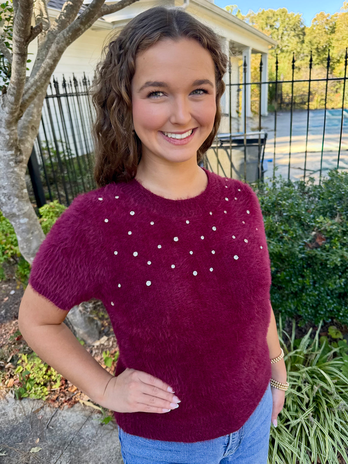Fuzzy Wine-Red Top w/ Rhinestone Details
