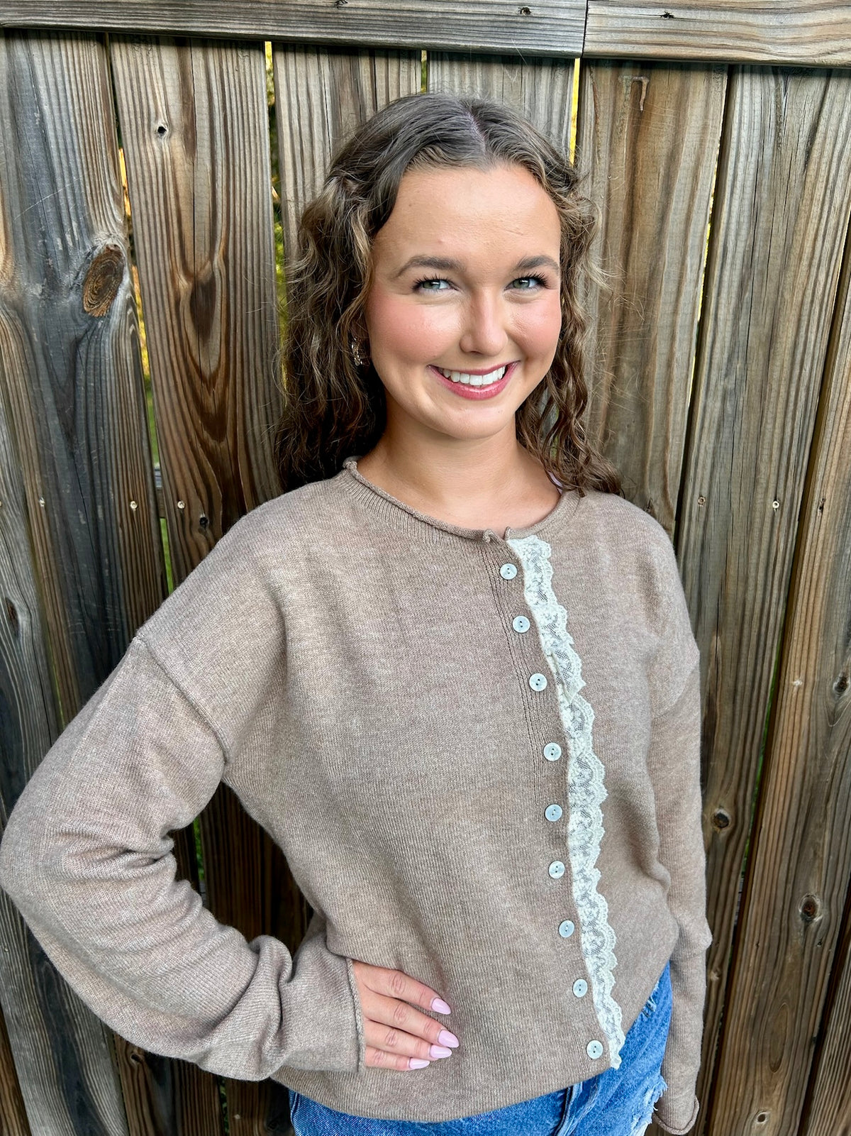 Brown Lace Trim Cardigan