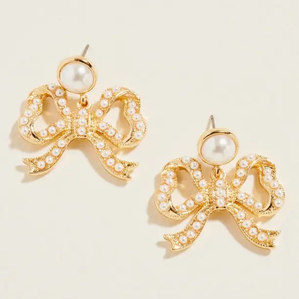 Gold & Pearl Bow Dangle Earrings