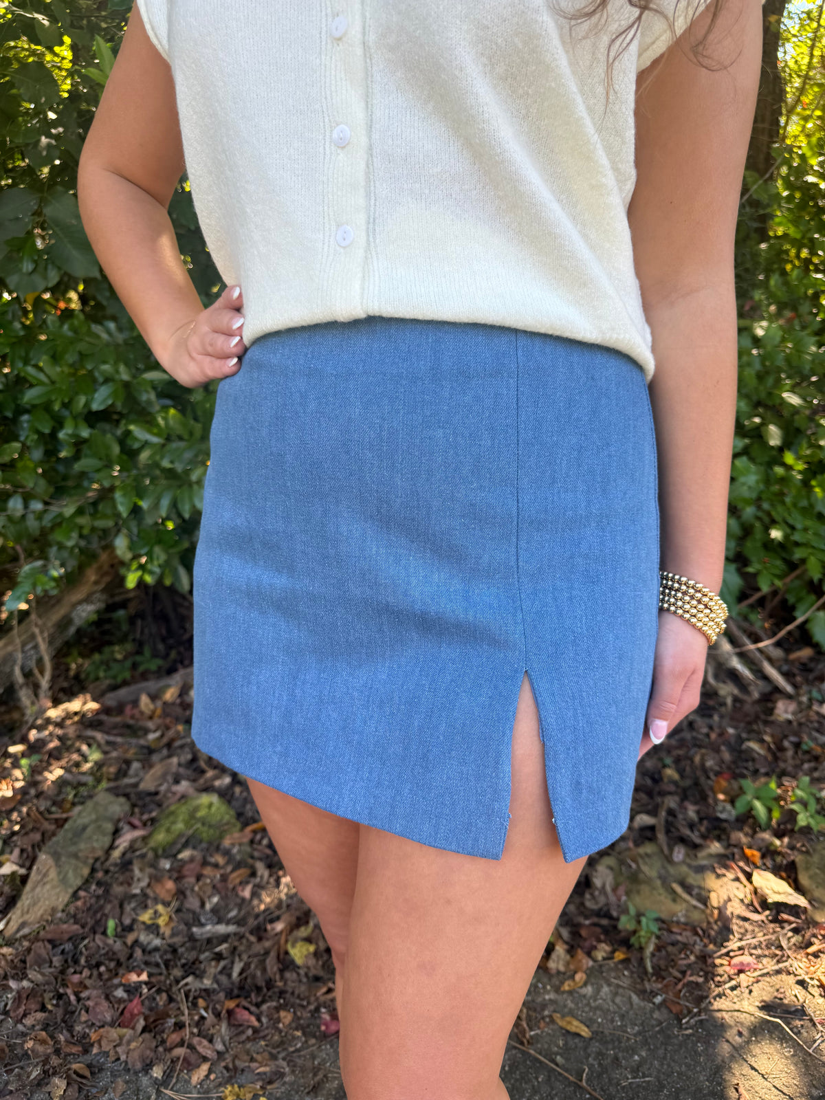 Denim Mini Skort w/ Slit