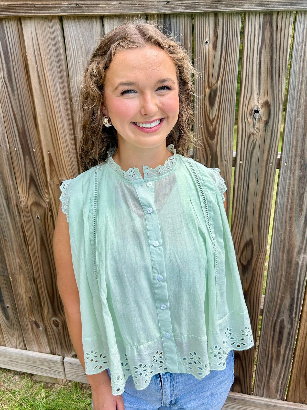 Light Green Floral Eyelet Top