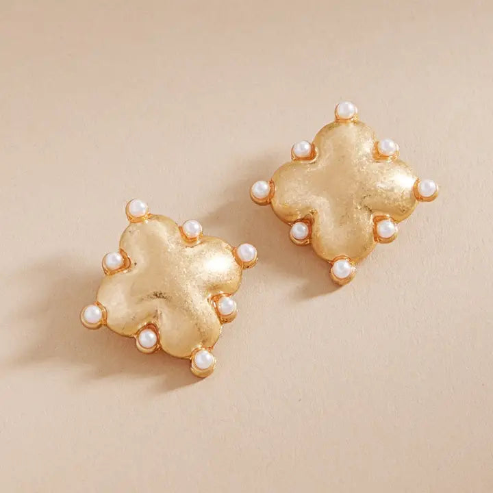 Gold Clover & Pearl Accent Earrings