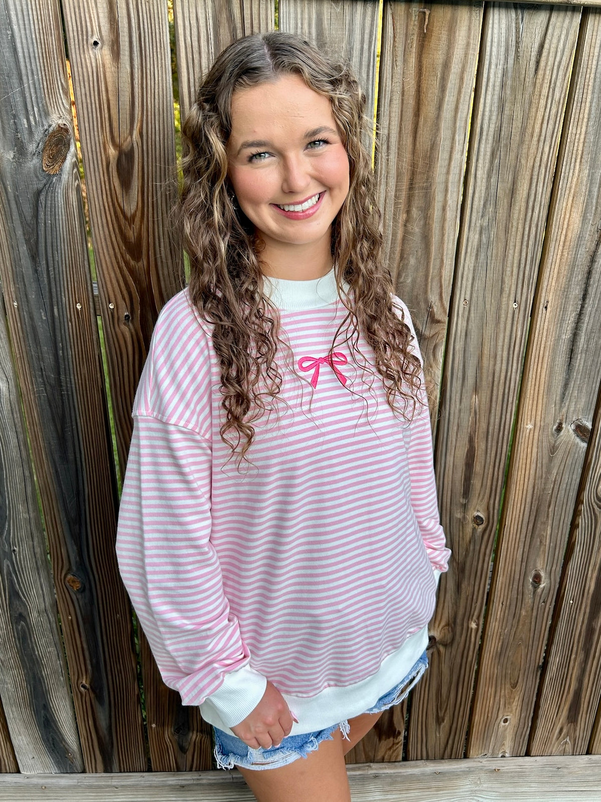 Pink Striped Bow Sweatshirt