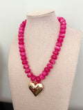 Chunky Pink Beaded Heart Necklace
