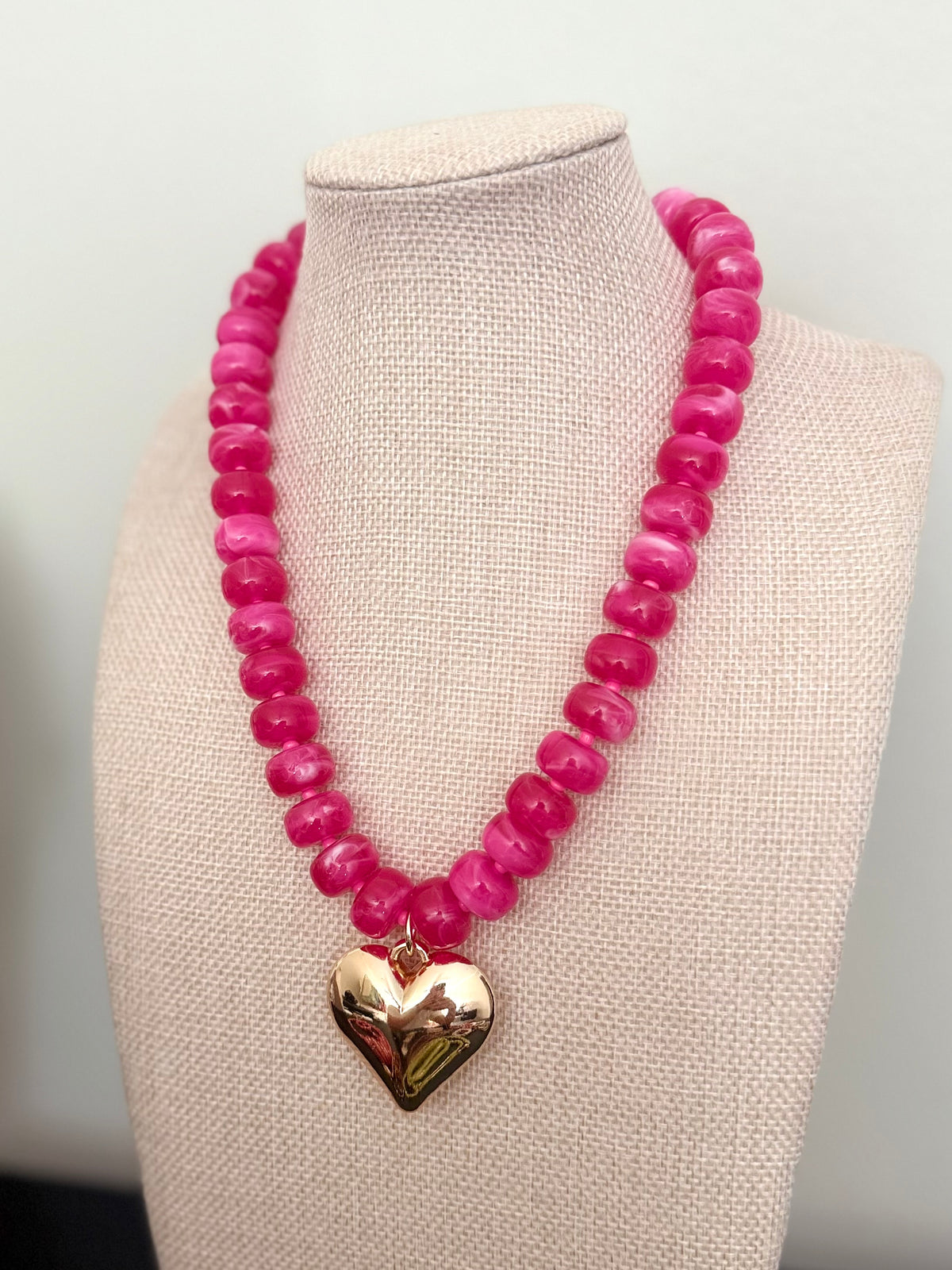 Chunky Pink Beaded Heart Necklace