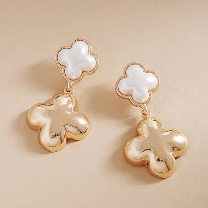 Gold & Pearl Clover Dangle Earrings